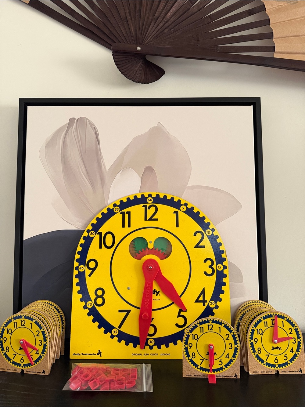 Original Judy Teacher Clock and 21 Student Clocks With Stands